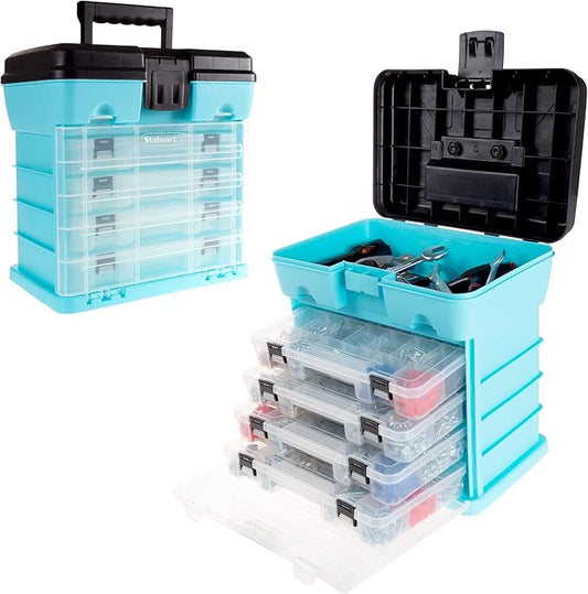Portable Tool Box - Small Parts Organizer with Drawers and Customizable Compartments for Hardware, Tackle, Beads, or Crafts by Stalwart (Light Blue)