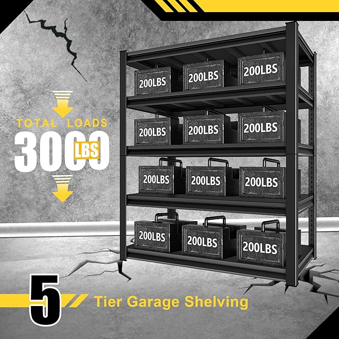 Metal Garage Shelving Heavy Duty，3000LBS Loads Garage Storage Shelves, 48”W 5-Tier Adjustable Storage Racks and Shelving Units for Garage Basement and Kitchen, 48”W x 24”D x 78”H,Black