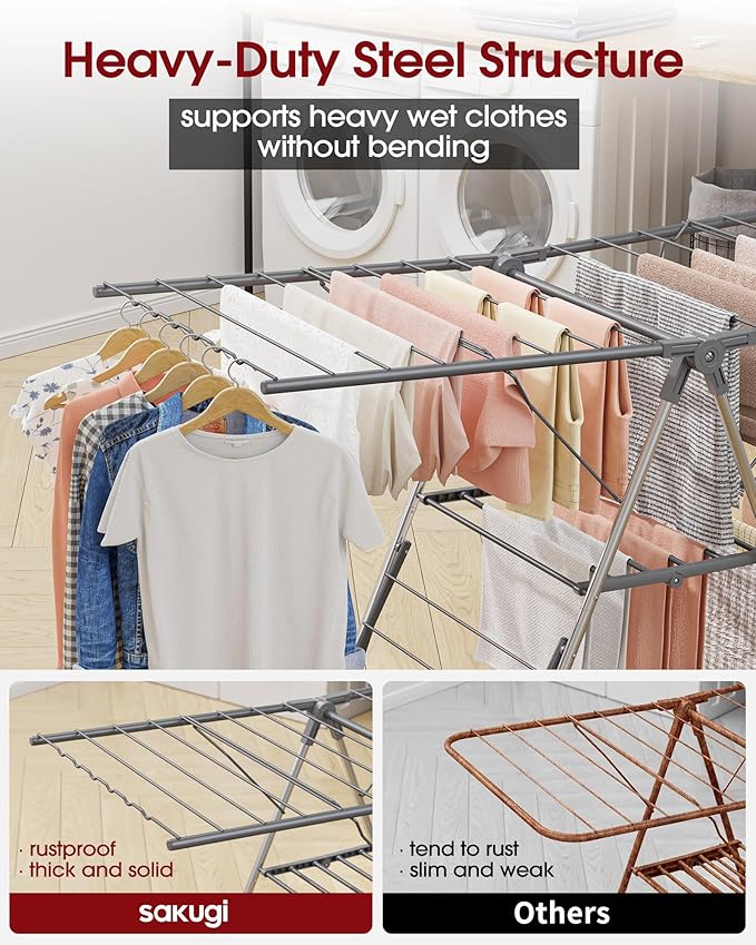 Sakugi Clothes Drying Rack, Foldable 2-Level Laundry Drying Rack with Height-Adjustable Wings, for Clothing & Bedding, Free-Standing Space-Saving Rack, Indoor & Outdoor, 55.5" L × 22.8" W, Gray