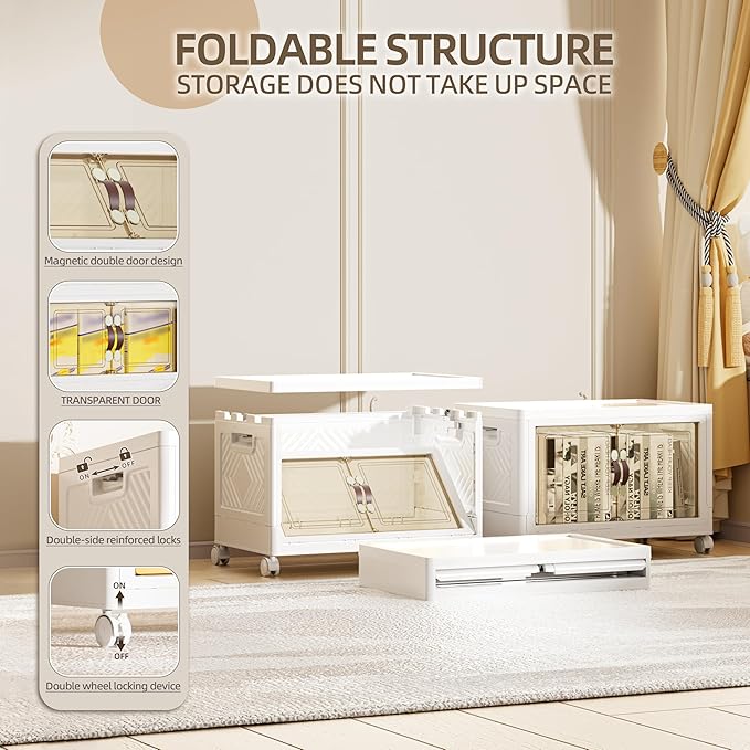 48 QT / 12 Gal Rolling Foldable Storage Cabinet with Stackable Feature - Double Magnetic Doors, Leather Handles, Durable Plastic for Closet/Office, Easy Assembly & Move