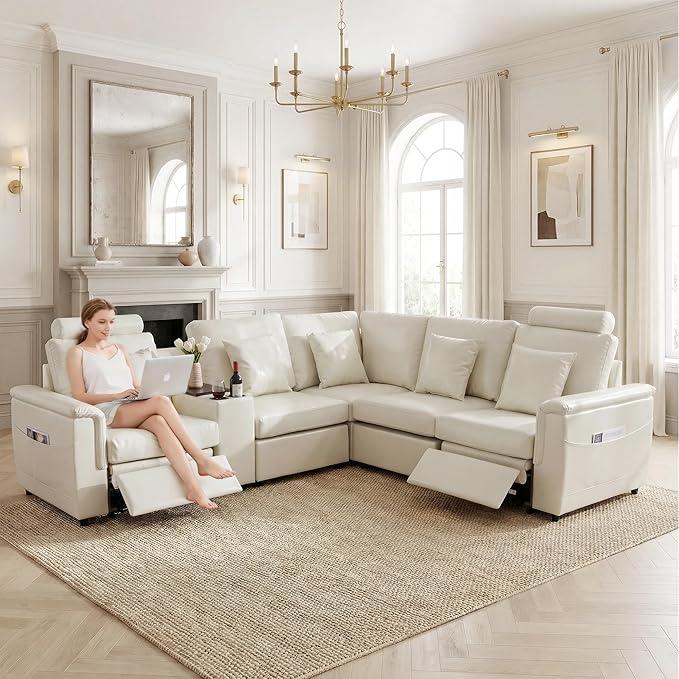 LEVNARY Modular Power Recliner Chair, Faux Leather Upholstered Single Seat with Electric Lift Function, Compatible with Modular Sofa System (White)