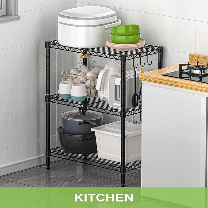 Storage Shelves Garage Wire Shelving 3 Tier Metal Wire Steel Rack Shelving Units Organizer Adjustable Utility Shelf Commercial Shelf for Kitchen Garage Pantry Laundry