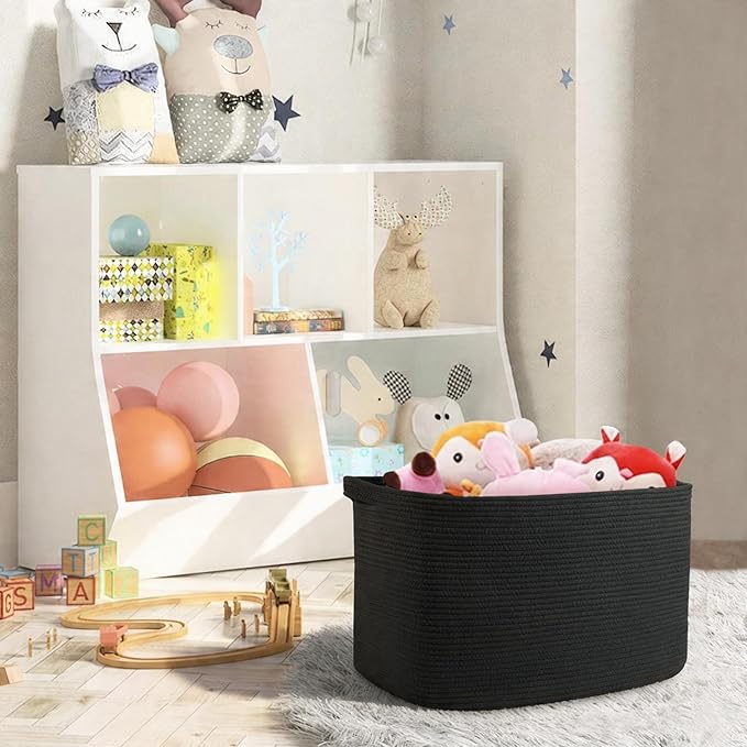 MEGASKET Extra Large Basket for Blankets, 23.6" x 17" x 12" Black Blanket Storage for Living Room, Big Cotton Rope Pillow Holder, Rectangle Kid Dog Toy Bin Box, Woven Laundry Basket, Shoe Bin Entryway