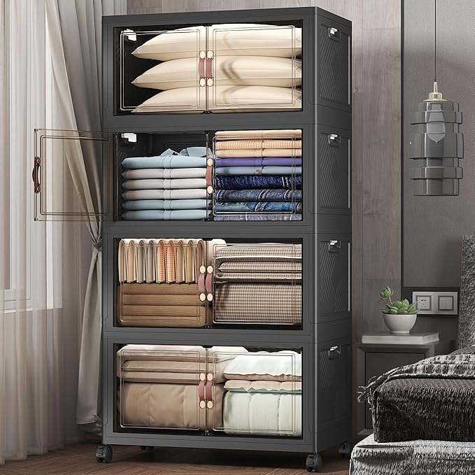 UAMFURI Extra Large Stackable Storage Bins with Lids & Wheels, 672QT-168QT/42GAL*4Pack Foldable Collapsible Closet Organizers Storage Cabinet with Doors for Bedroom Dorm