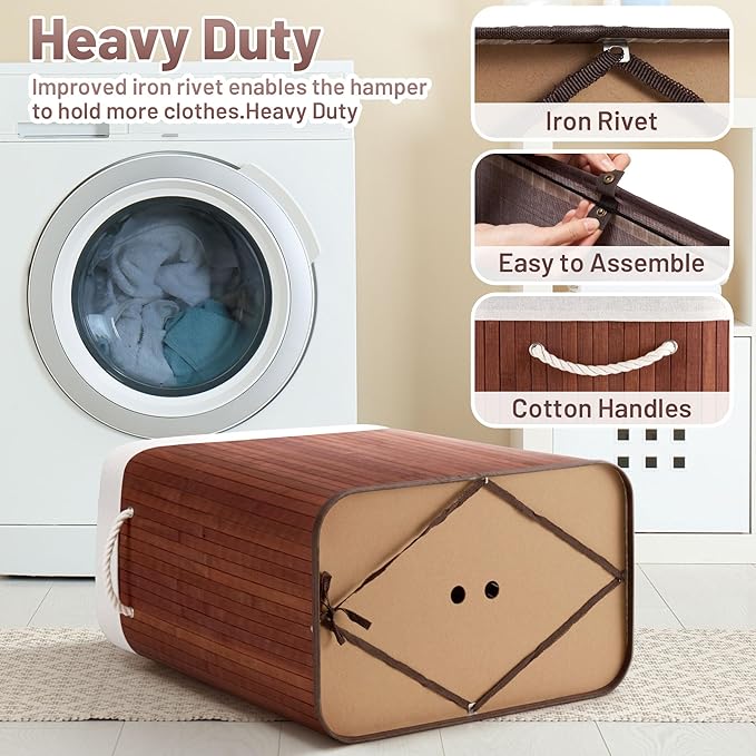 Aliphon 100L Laundry Hamper with lid, 2-Section Clothes Laundry Basket with Handles, Large Collapsible Bamboo Baskets for Bedroom, Bathroom, Dorm, Brown