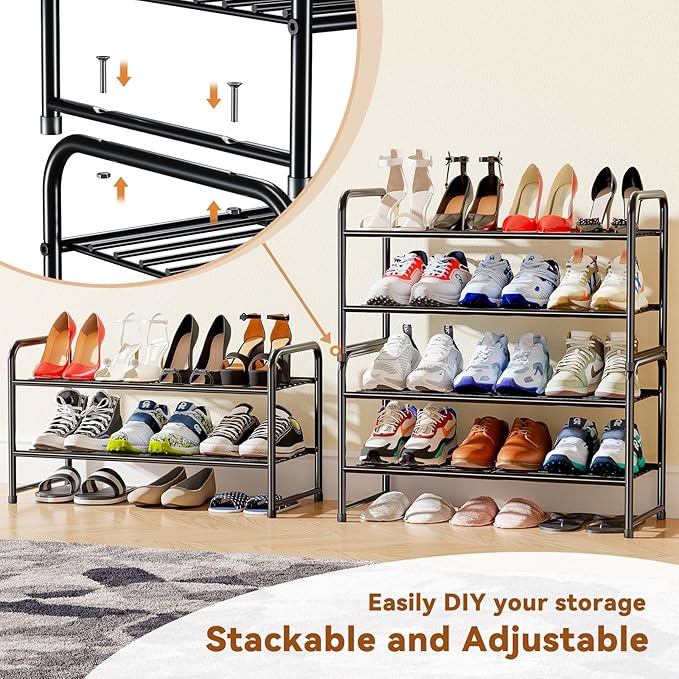 2 Tier Shoe Rack, Closet Metal 27 Inch Shoe Shelf Organizer for Entryway, Garage, Stackable, Black