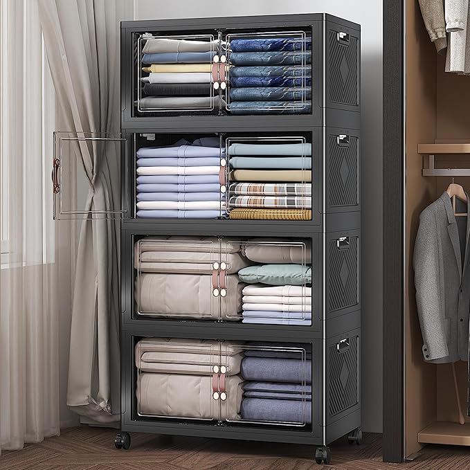 UAMFURI Extra Large Stackable Storage Bins with Lids & Wheels, 480QT-120QT/30GAL*4Pack Foldable Collapsible Closet Organizers Storage Cabinet with Doors for Bedroom Dorm