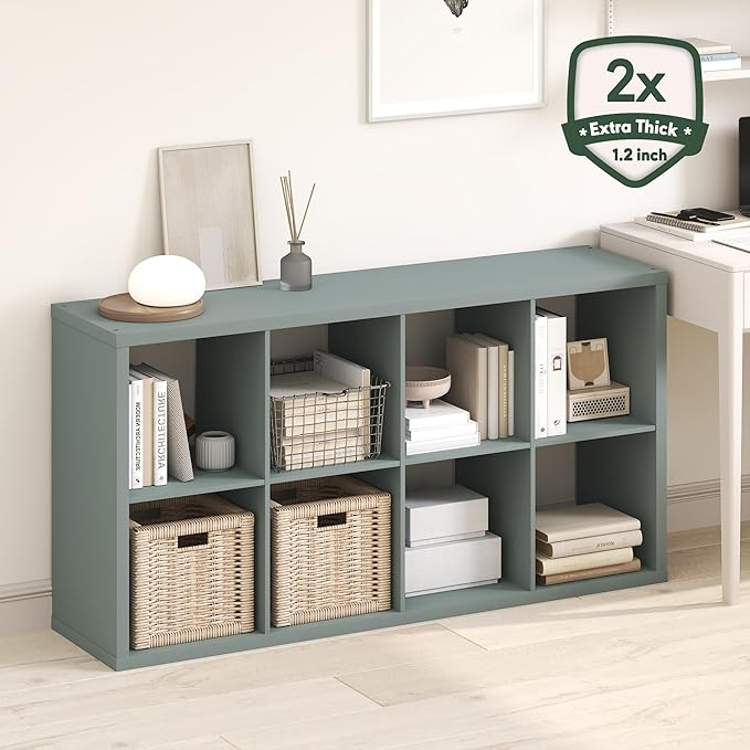 Furinno Cubicle Book Shelf, 8-Cube Bookshelf, Extra Thick Frame Horizontally & Vertically Reversible Bookcase with Open Back, 14.6" x 30" x 58", for Living Room, Bedroom, Home Office, Sage Green