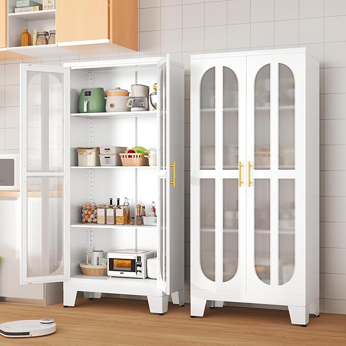 PAOFIN 61.02" Metal Display Storage Cabinet,Tall Kitchen Pantry Cabinets with Acrylic Glass Doors and Adjustable Shelves,Freestanding Storage Cupboard for Kitchen, Living Room(White)
