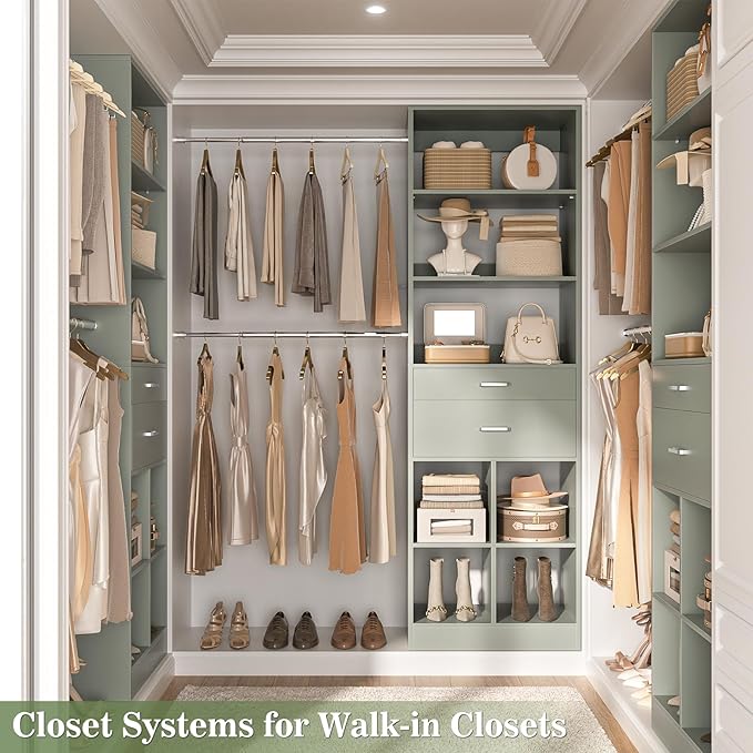 Besiost Closet System, 4-8 FT Closet Organizer Tower with 2 Wooden Drawers and Shelves, Can Fit 60 to 96 inch Walk-in Closet System with 5 Hang Rods, Built-in, Crab Green