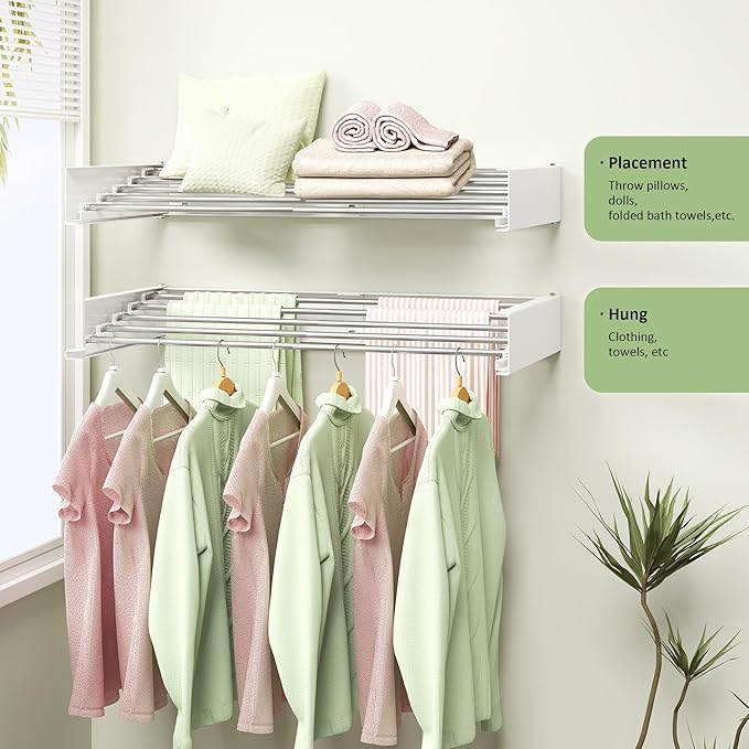 BOQORAD Clothes Drying Rack Wall Mounted 32“,Drying Rack Clothing Wall Mount,Laundry Drying Rack,Wall Mounted Clothes Hanging Rack (White)