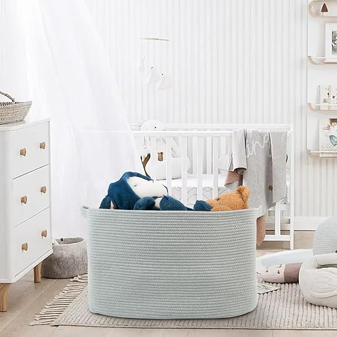 MEGASKET Extra Large Rectangle Storage Basket, 23.6" x 17" x 12" Gray Blanket Storage for Living Room, Large Soft Woven Cotton Rope Bin for Organizing, Kids Dog Wicker Toy Box Organizer