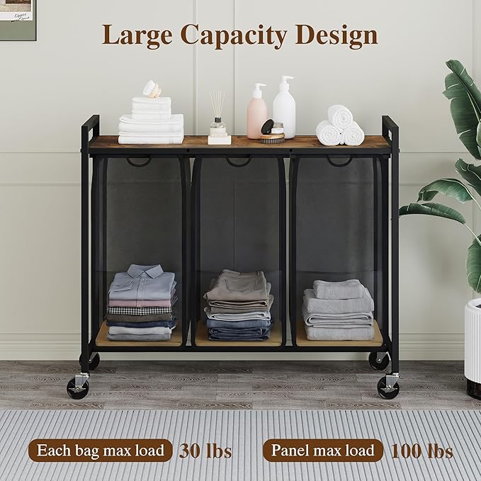 Laundry Sorter with Wheels & 100lb Top Shelf, Rolling 3 Section Removable Pull-Out Fabric Bags Hamper Basket, Sturdy Rustic Brown Black Iron Organizer for Room Organization