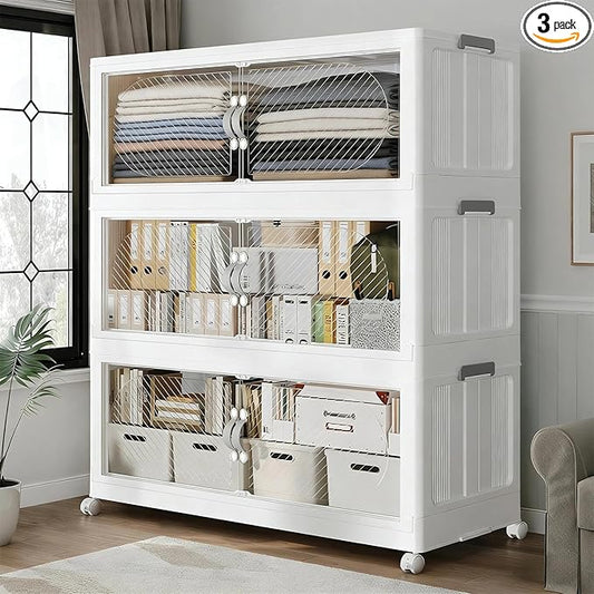 180QT Extra Large Stackable Storage Bins with Lid, 45Gal Plastic Closet Organizers and Storage Drawer, Collapsible Cabinet Box with Wheels Clear Doors for Home Kitchen Office, 3Pack White