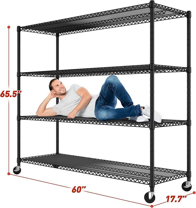 REIBII 60''W Storage Shelves 2399LBS Metal Shelving Unit with Wheels & Feet, 4 Tier Garage Shelving Heavy Duty Adjustable Wire Shelf for Pantry Kitchen Garage, 60" W x 17.7" D x 65.5" H, 2 Pack