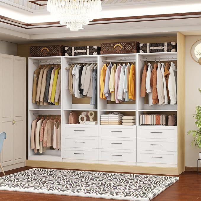 Closet System with 4 Sets, 8FT Closet Organizer Systems with 9 Wooden Drawers & 9 Hanging Rods, Walk in Closet Standalone Corner Closet System Modular Closet System White (8FT)