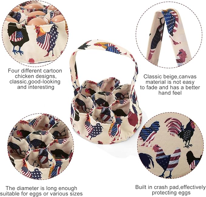 Egg Collecting Basket, Canvas Egg Basket for Gathering with 7 Pouches for Chicken, Duck, Goose, Bird, Various Poultry Collection (Flag Chicken)