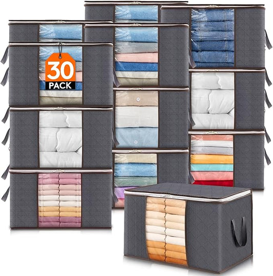 Lifewit 30 Pack 60L Clothes Storage Bins with Lids, Foldable Blanket Storage Bags with Zippers, Clear Window and Reinforced Handles, Closet and Organization for Clothing, Sweater, Comforter, Bedding
