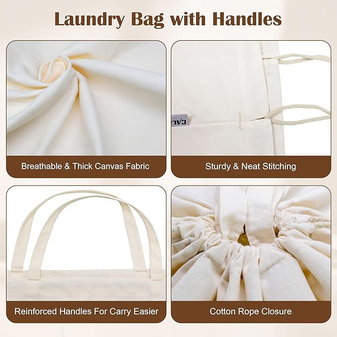 Canvas Laundry Bag 33"Wx 35"H, Thick Canvas Laundry Bag with Handles & Drawstring, Extra Large Heavy Duty Washable Basket Liner Hamper Liner Storage Sack (Beige XL, 1 Pack)