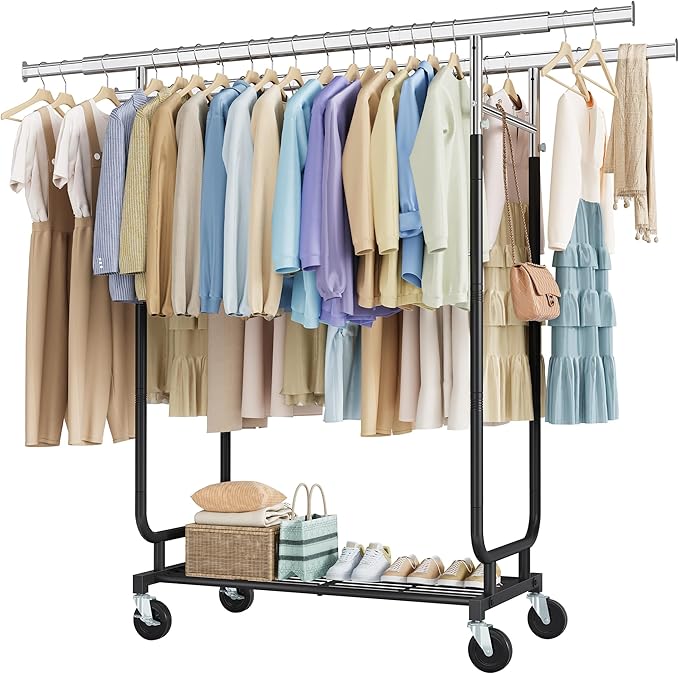 Heavy Duty Rolling Clothes Rack, 620 LBS Load Double Rod Adjustable Garment Rack with Storage Shelves & Lockable Wheels, Portable Clothing Rack for Hanging Clothes for Bedroom, Laundry Living Room