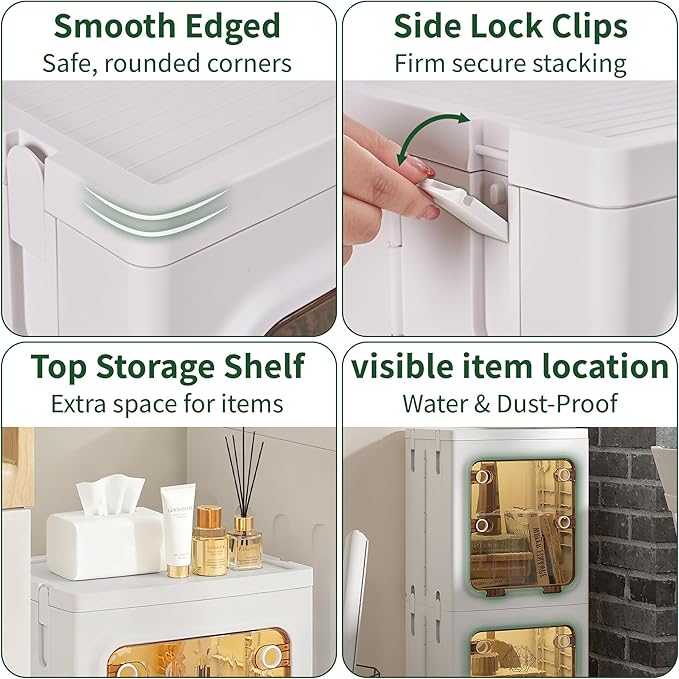 VECELO 98QT Stackable Storage Bins with Lids, Tall Slim 2-Tier Organizer with Wheels, Lockable Clear Doors, Foldable Storage Cabinet for Kitchen, Bathroom, Laundry & Bedroom