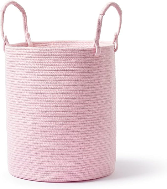 Laundry Basket – Laundry Hamper for Clothes, Blankets, Yoga Mat – Woven Cotton Rope Basket for Living Room, Nursery Room – Boho Style – 15”D x 18”H – Light Pink
