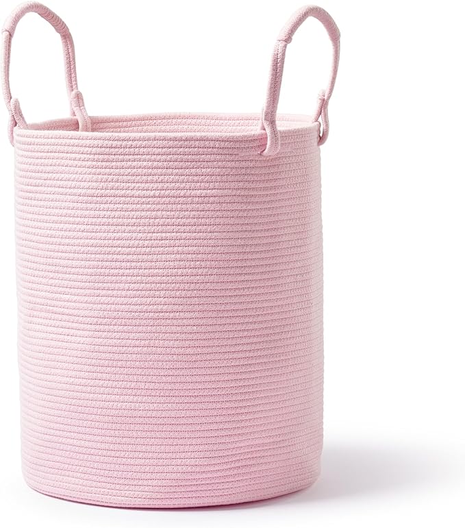 Laundry Basket – Laundry Hamper for Clothes, Blankets, Yoga Mat – Woven Cotton Rope Basket for Living Room, Nursery Room – Boho Style – 16”D x 22”H – Light Pink