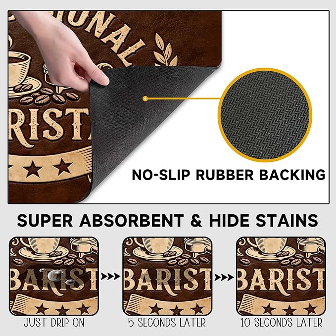 Vintage Coffee Drying Mat 12" x 19", Non-Slip Absorbent Quick-Dry Mat, Rustic Coffee Bar Decor and Countertop Protector