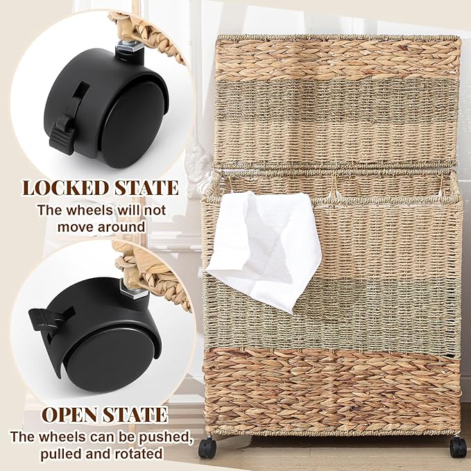 Cinnvoice 120 L Rolling Wicker Laundry Basket with Wheels Laundry Hamper with Lid Decorative Woven Hamper with Washable Removable Liner Bags and Handles for Clothes Natural Water Hyacinth, 2 Sections