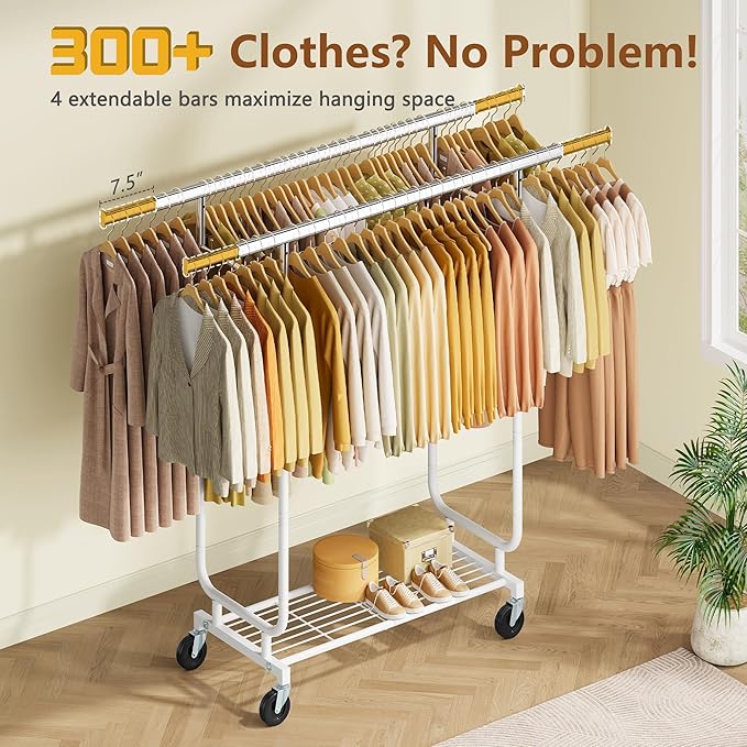 Heavy Duty Rolling Clothes Rack, 620 LBS Load Double Rod Adjustable Garment Rack with Storage Shelves & Lockable Wheels, Portable Clothing Rack for Hanging Clothes for Bedroom, Laundry Living Room
