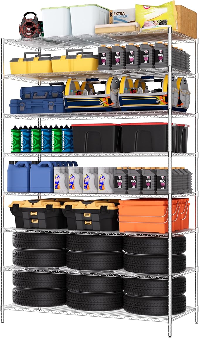 Finnhomy 4000LBS 8-Tier Wire Shelving Unit Adjustable Steel Wire Rack, 24x48x80.2 Inches 8 Shelves Metal Rack, Pantry Shelves for Storage, Metal Garage Shelving with 1" Poles and NSF Certified, Chrome