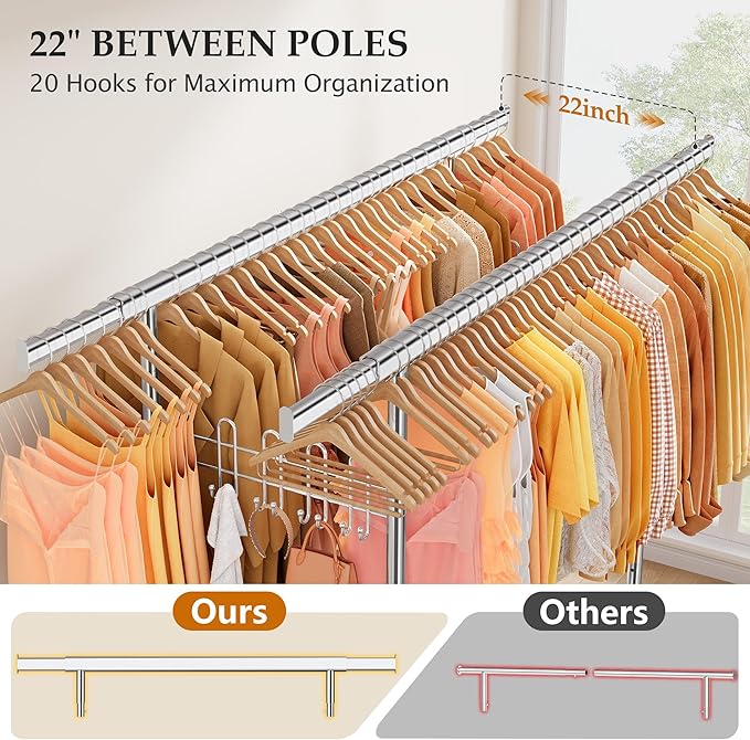 Gewudraw Heavy Duty Clothes Rack Load 900 Lbs, Double Rod Rolling Clothing Rack With Sturdy Wheel And Shelves，Adjustable Portable Hanging Rack For Clothes,Silver Stainless Steel