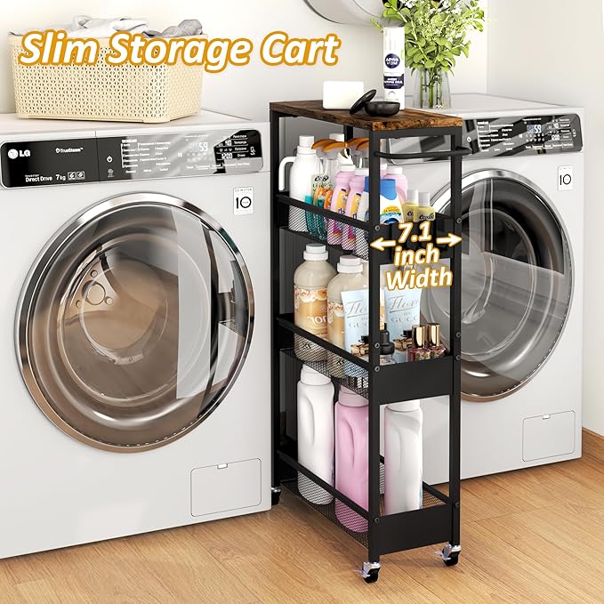 Vincona Slim Rolling Utility Cart, 4 Tier Metal Narrow Storage Cart with Handle and Wood Top, Multifunctional Small Mobile Shelf Unit Organizer Trolley for Laundry, Bathroom, Kitchen