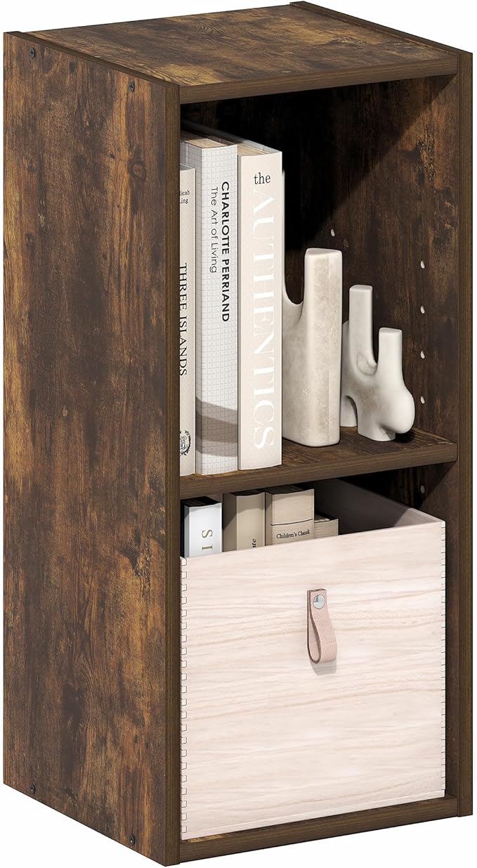 Furinno Fulda Book Shelf, 2-Tier Narrow Bookshelf, Bookcase with 10-in Width Storage Shelf, 9.3 x 9.8 x 21.2, for Living Room, Bedroom, Home Office, Amber Pine