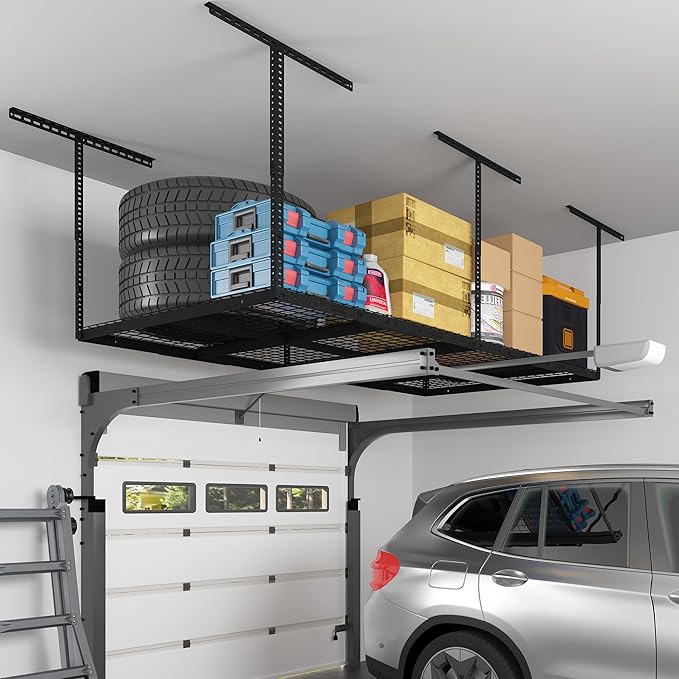 FLEXIMOUNTS 4x8 Overhead Garage Storage Rack, Adjustable Organization System, Heavy-Duty Metal Ceiling Racks, 750lbs Weight Capacity, Hammertone, Classic Series