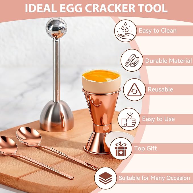 Egg Cups For Soft Boiled Eggs Set Of 5 - Includes 1 Stainless Steel Egg Cutter & 2 Egg Spoons & 2 Soft Boiled Egg Holder, Effortless & Precise Cracking - For Breakfast, Afternoon Tea, Parties