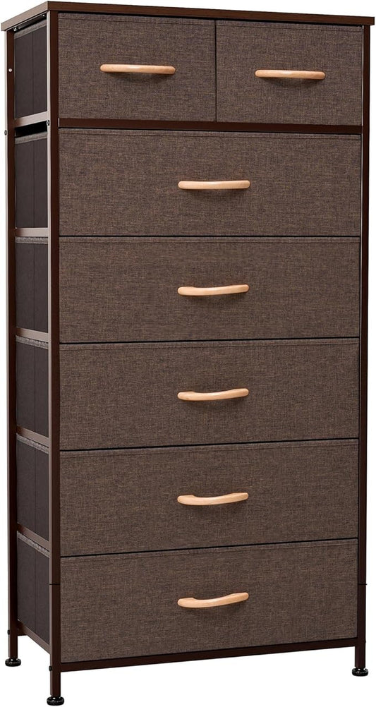 Crestlive Products Vertical Dresser Storage Tower - Sturdy Steel Frame, Wood Top, Easy Pull Fabric Bins, Wood Handles - Organizer Unit for Bedroom, Entryway, Closets - 7 Drawers (Brown)