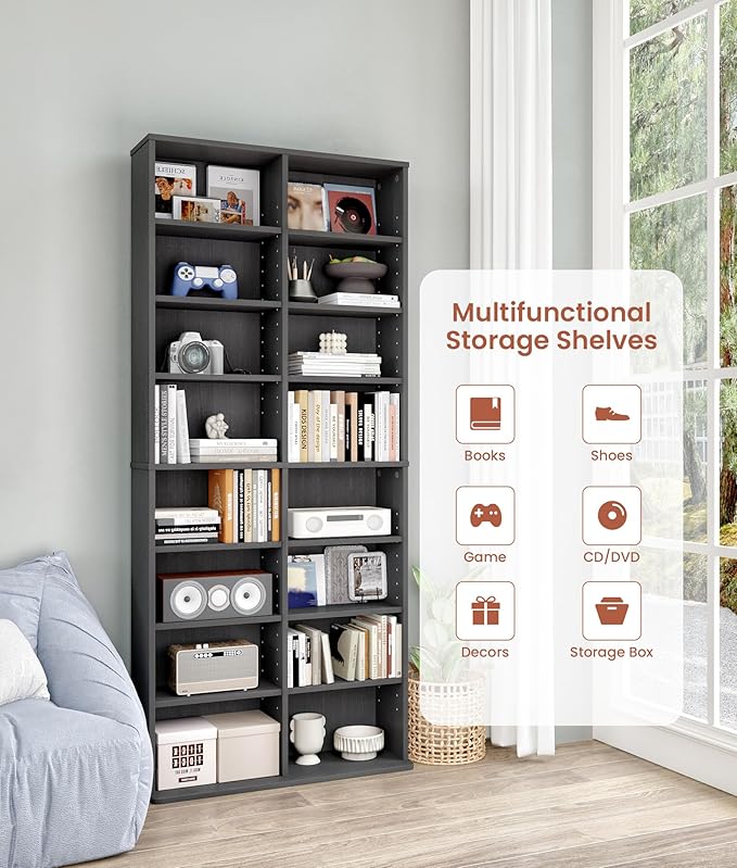 DVD Rack Tower, 16-Shelf DVD Storage Racks with Adjustable Shelves 8-Tier Multimedia Storage Tower for Living Room Home Office