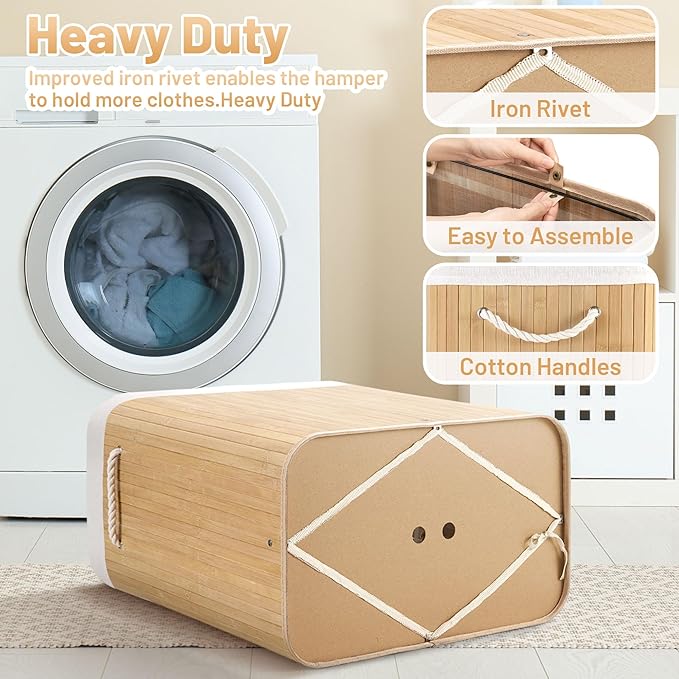 Aliphon 72L Slim Laundry Hamper with Lid, Foldable Bamboo Clothes Laundry Basket with Handles, Removable and Machine Washable Liner, for Bedroom, Bathroom, Dorm, Natural Beige