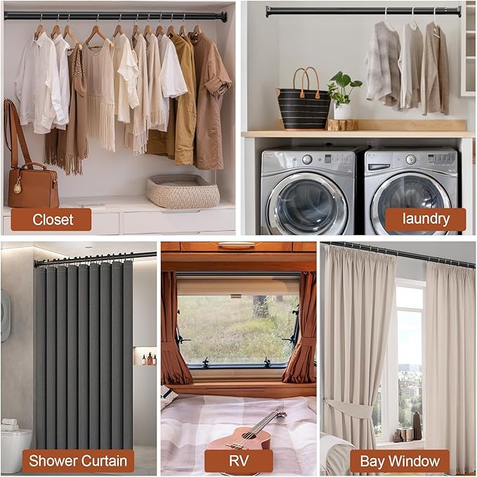 Closet Rods for Hanging Clothes, 17-42 Inch Stepless Adjustable Closet Rod, 1.3 Inch Heavy Duty Metal Clothes Hanging Rod, Expandable Closet Bar Hanger Rod Black for Closet Wardrobes Laundry RV