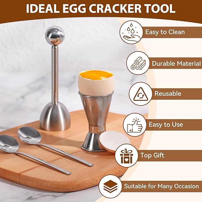 Egg Cups For Soft Boiled Eggs Set Of 5 - Includes 1 Stainless Steel Egg Cutter & 2 Egg Spoons & 2 Soft Boiled Egg Holder, Effortless & Precise Cracking - For Breakfast, Afternoon Tea, Parties