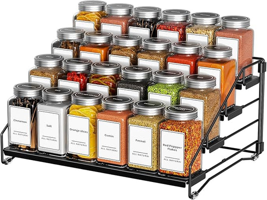 BOIVSHI 4 Tier Spice Rack for Cabinet, Spice Rack Organizer, Depth Adjustable Spice Holder for Countertop, Cupboard, Pantry, Seasoning Shelf, Metal, Black (1 Pack)