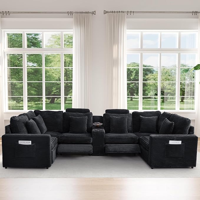 LEVNARY 6-Seat U Shaped Modular Sectional Sofa with Power Recliners, Faux Rabbit Fur Upholstery, Storage Console with Charging Ports & Cup Holders, Living Room Couch Set for Home Office (Black)