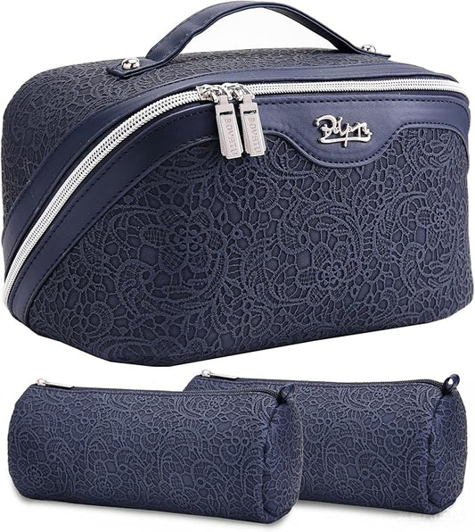 BOYATU Travel Makeup Bags Cosmetic Organizer Bag: 3 Pcs Set Large Capacity Make up Bag with Compartments - Waterproof Leather Toiletry Bags with Handle for Women (A-Dard Blue)