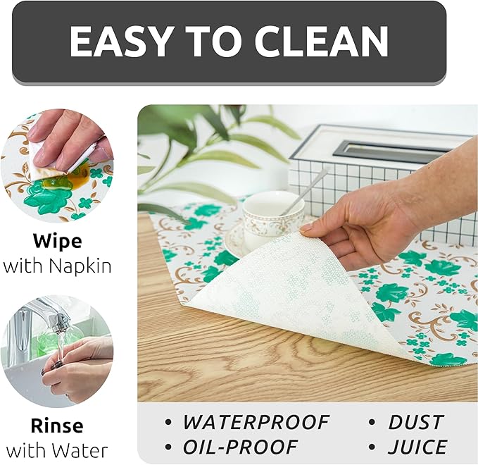 12X120 Inch Shelf Liner for Kitchen Cabinets, PVC Drawer Liner for Dresser Non-Slip Bathroom, Non-Adhesive Cabinet Liner Washable (Green Floral)(3 Roll)