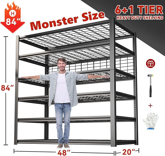REIBII 84" H Garage Shelving, 6-Tier Storage Shelves Heavy Duty Loads 3500LBS, 48" W Adjustable Garage Shelves, Metal Shelving for Basement, Warehouse, 84" H x 48" W x 20" D, 2PC