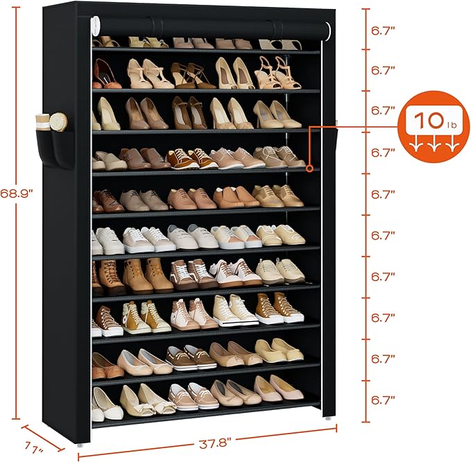 CASAMAYA Shoe Rack with Covers, 10 Tiers Tall Shoe Rack Organizer, Large Capacity Shoe Shelf Storage, Hold 50 Pairs of Shoes, Vertical Shoe Storage Organizer for Closet, Entryway, Black, SRT105B01
