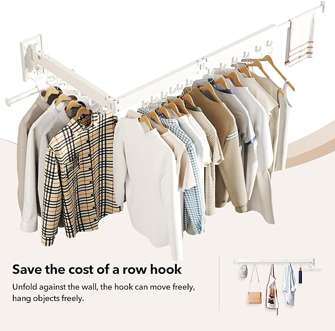 HEILAIYI Wall Mounted Clothes Hanger,Clothes Drying Rack,Laundry Drying Rack,Clothes Rack Wall Mount,Drying Rack Clothing,Retractable,Collapsible,can Fold Upward & Left & Right (Upgrade-White)