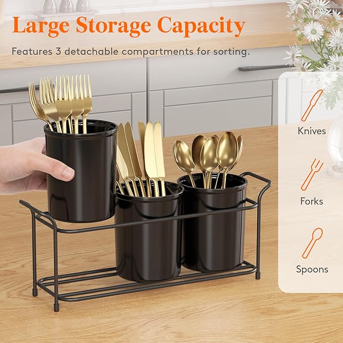 Lifewit Plastic Silverware Caddy with Metal Rack, Utensil Holder for Party, Cutlery Flatware Organizer for Kitchen Countertop, Forks Spoons Knives Storage for Picnic Camping Outdoor Buffet, Black