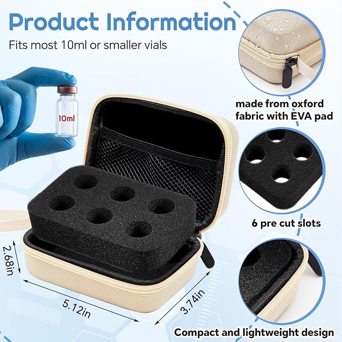 Teenyyou 6 Slots Insulin Peptide Fridge Carrying Case Vial Holder Storage Protector Bag, Fits Standard 10ml Vials, Insulin Cooler Travel Kits Case Diabetes Protector(Black, Champagne Zipper)